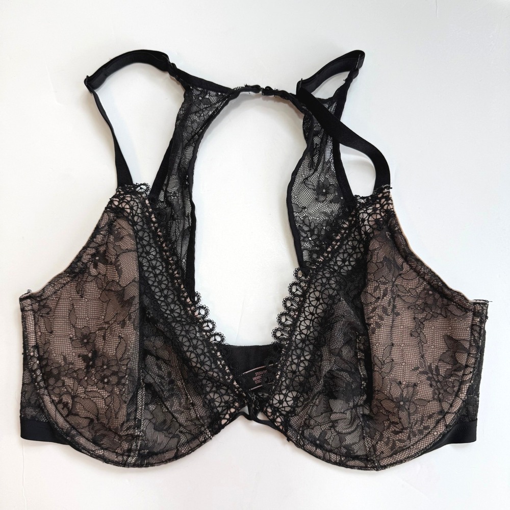 Victoria's Secret Lace Plunge Racerback Bra Black Floral Nude Underwire 34C